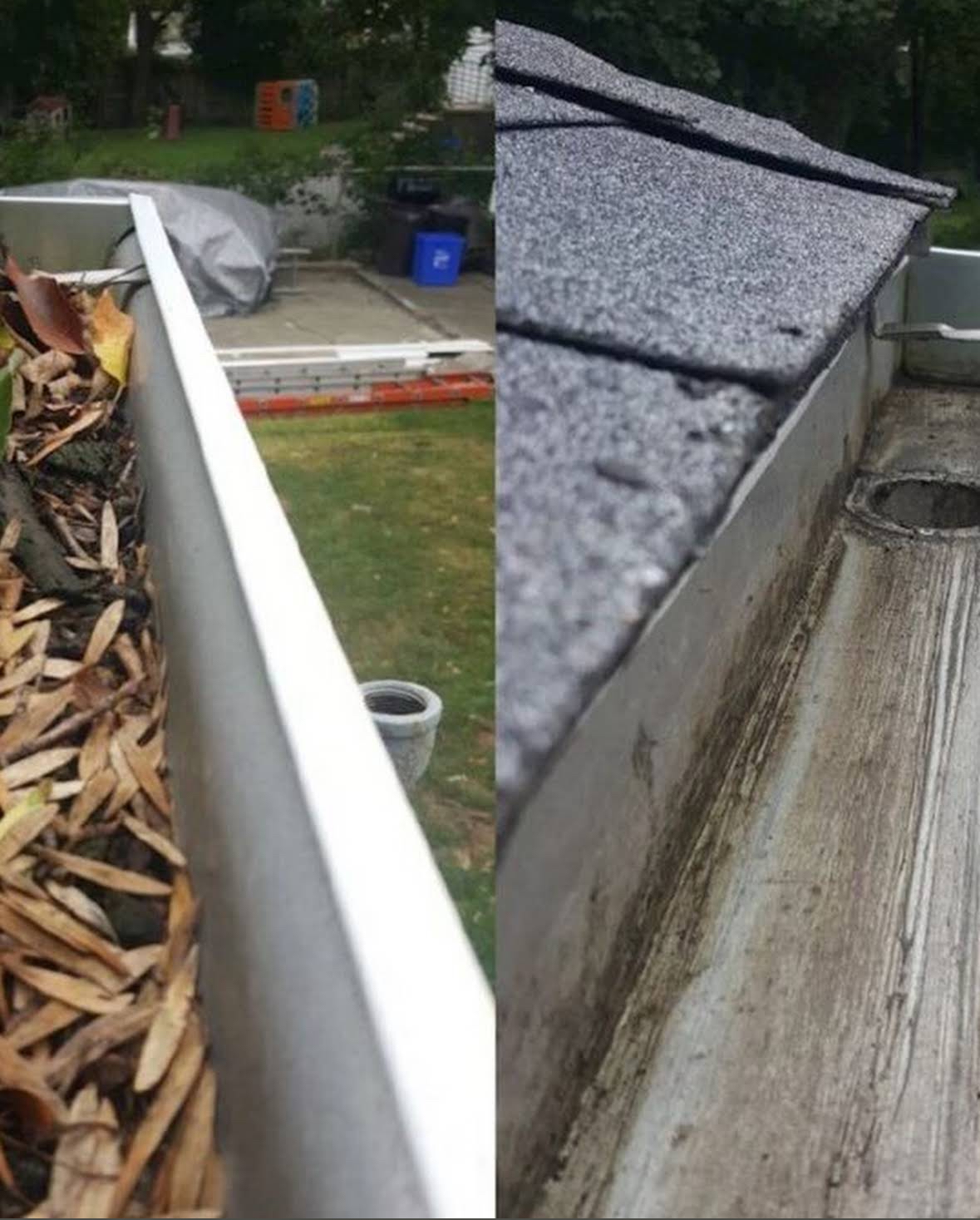 Before and after photo of a gutter clogged with dry leaves next to the same gutter fully cleared